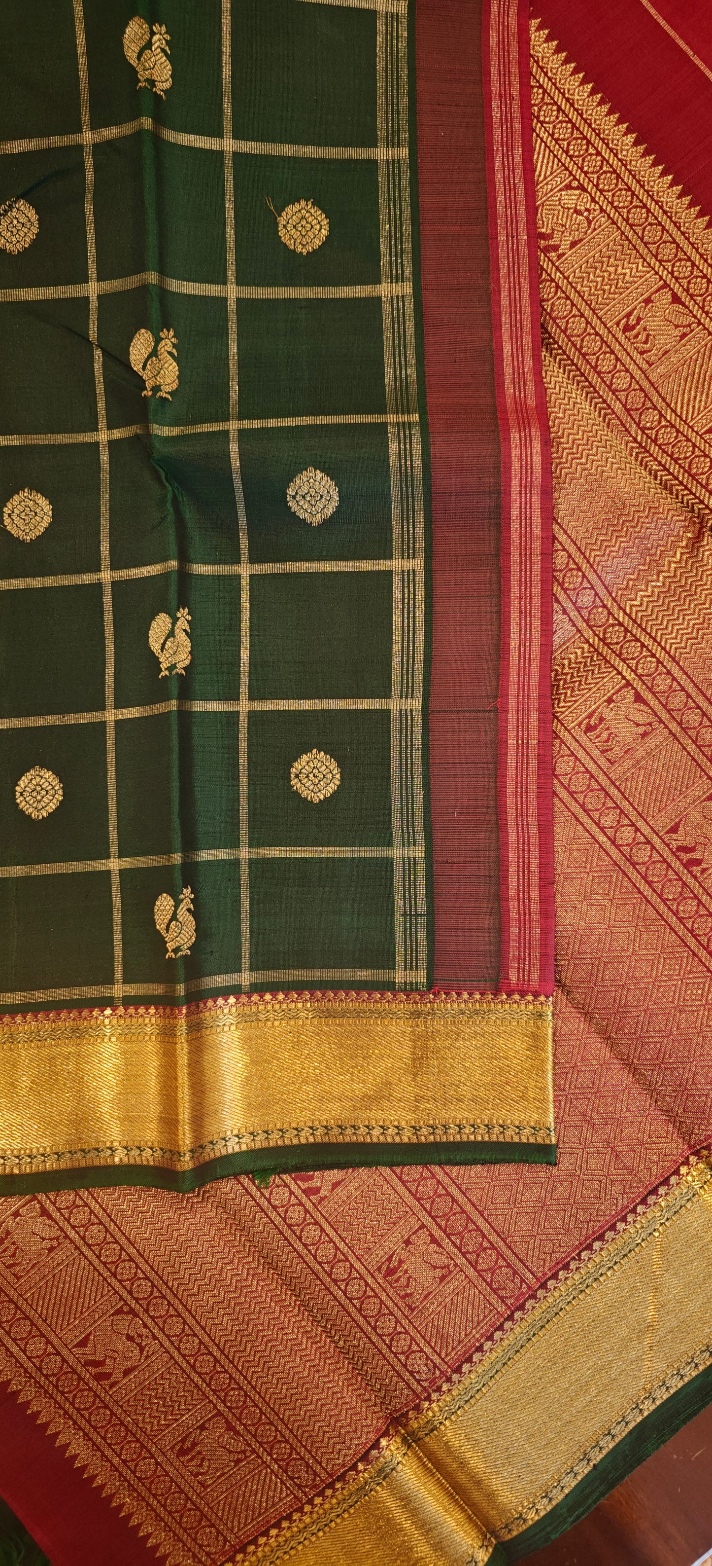 Bottle green and maroon kanjivaram silk saree
