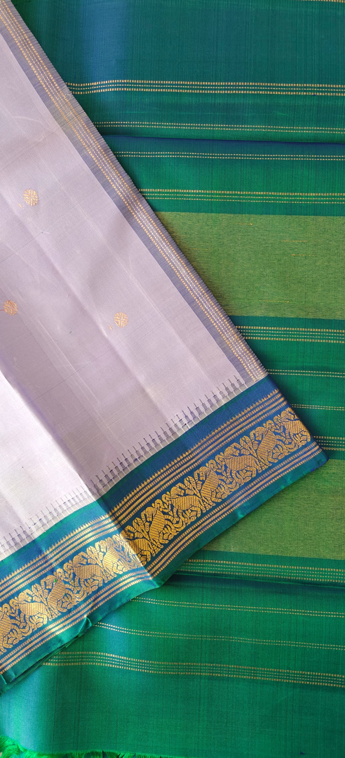 Lavender and peacock blue kanjivaram silk saree