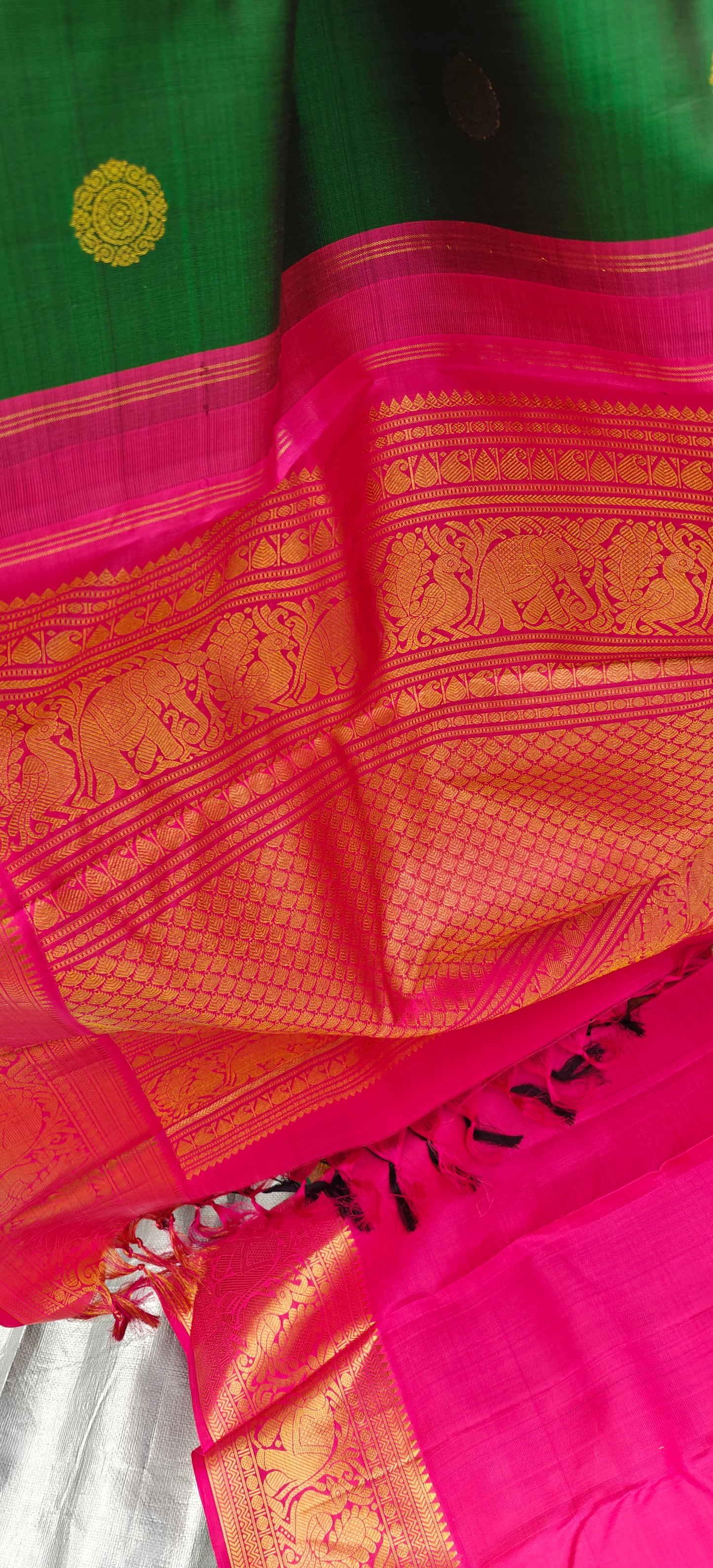 Emerald Green and Rose Pink korvai -Kanjivaram Silk Saree