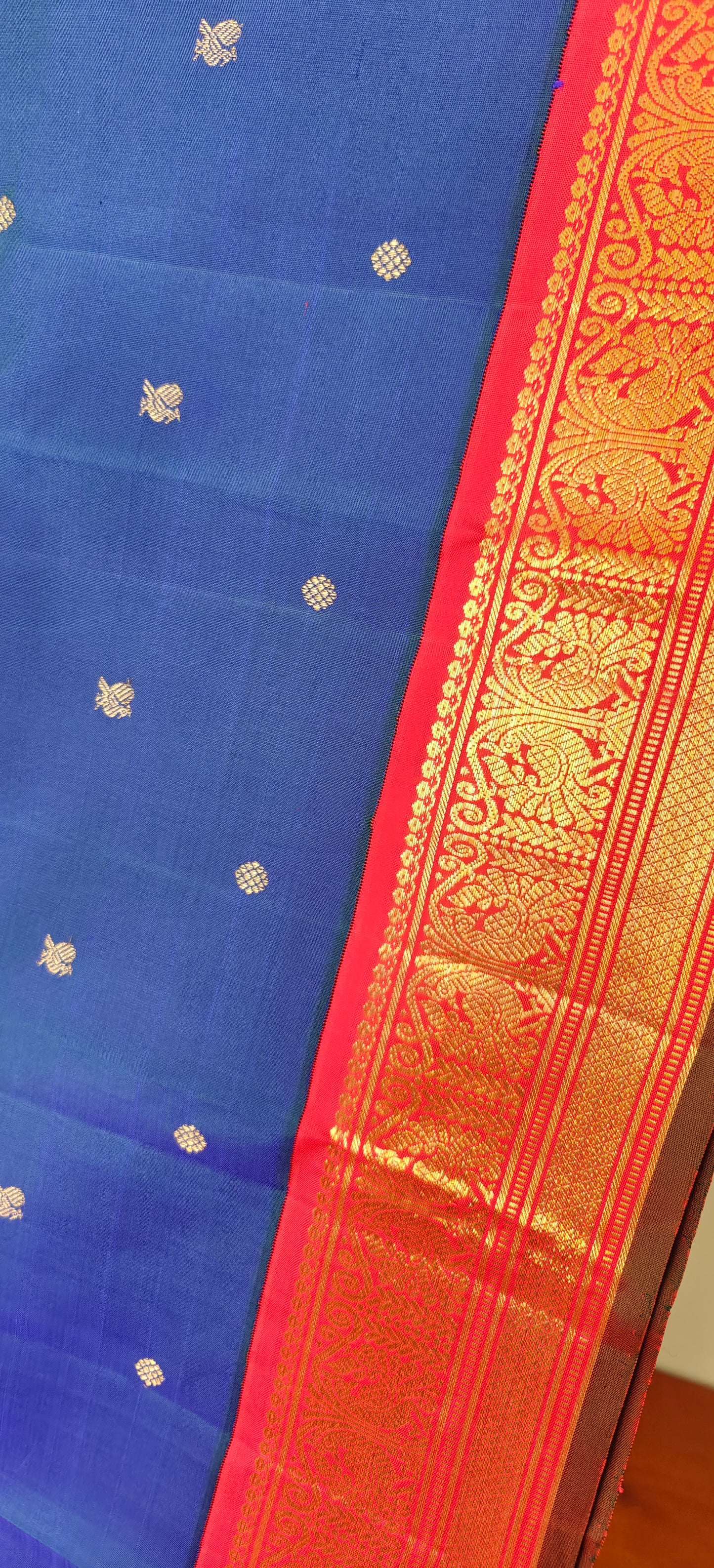 Peacock blue with Red Kanjeevaram silk saree