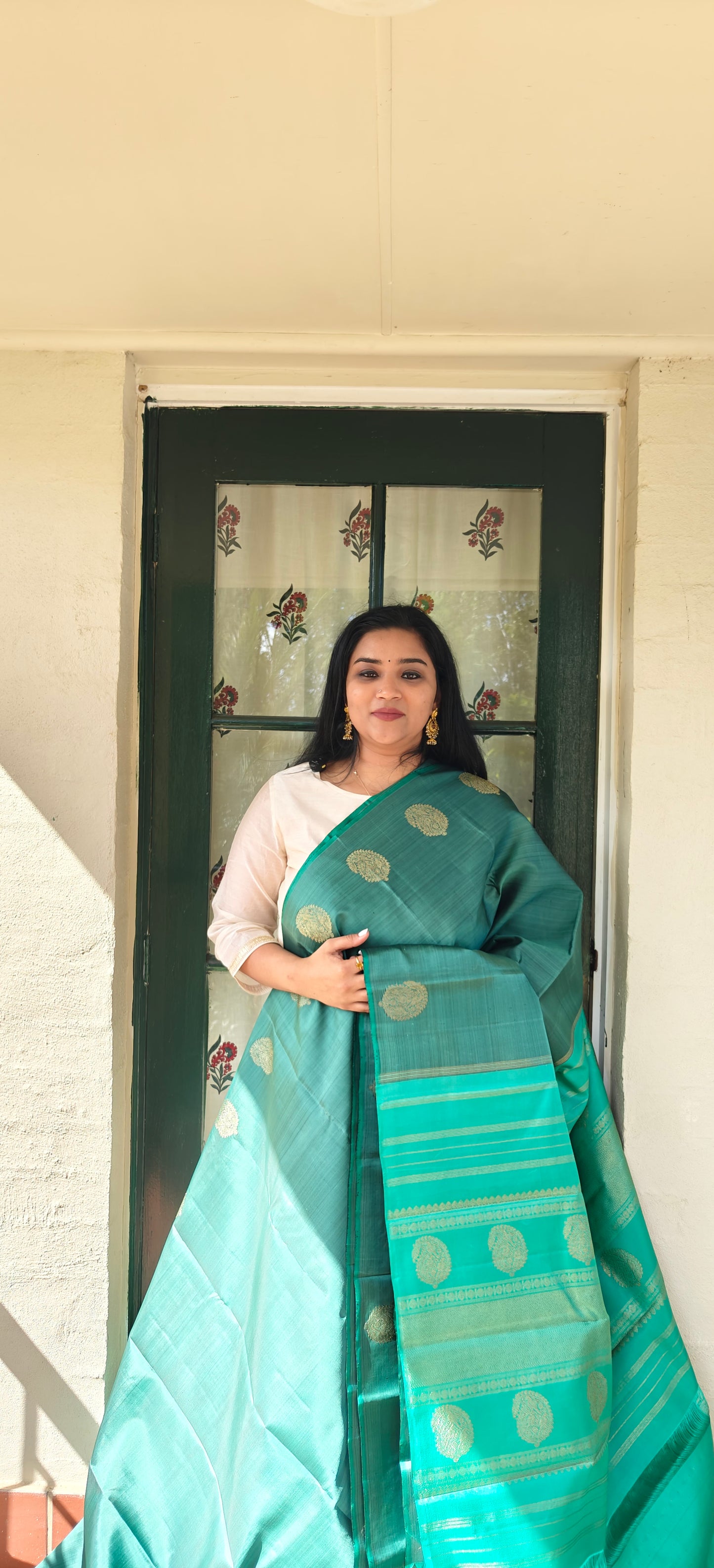 Jade Green with Turquoise Blue-Kanjivaram Silk Saree