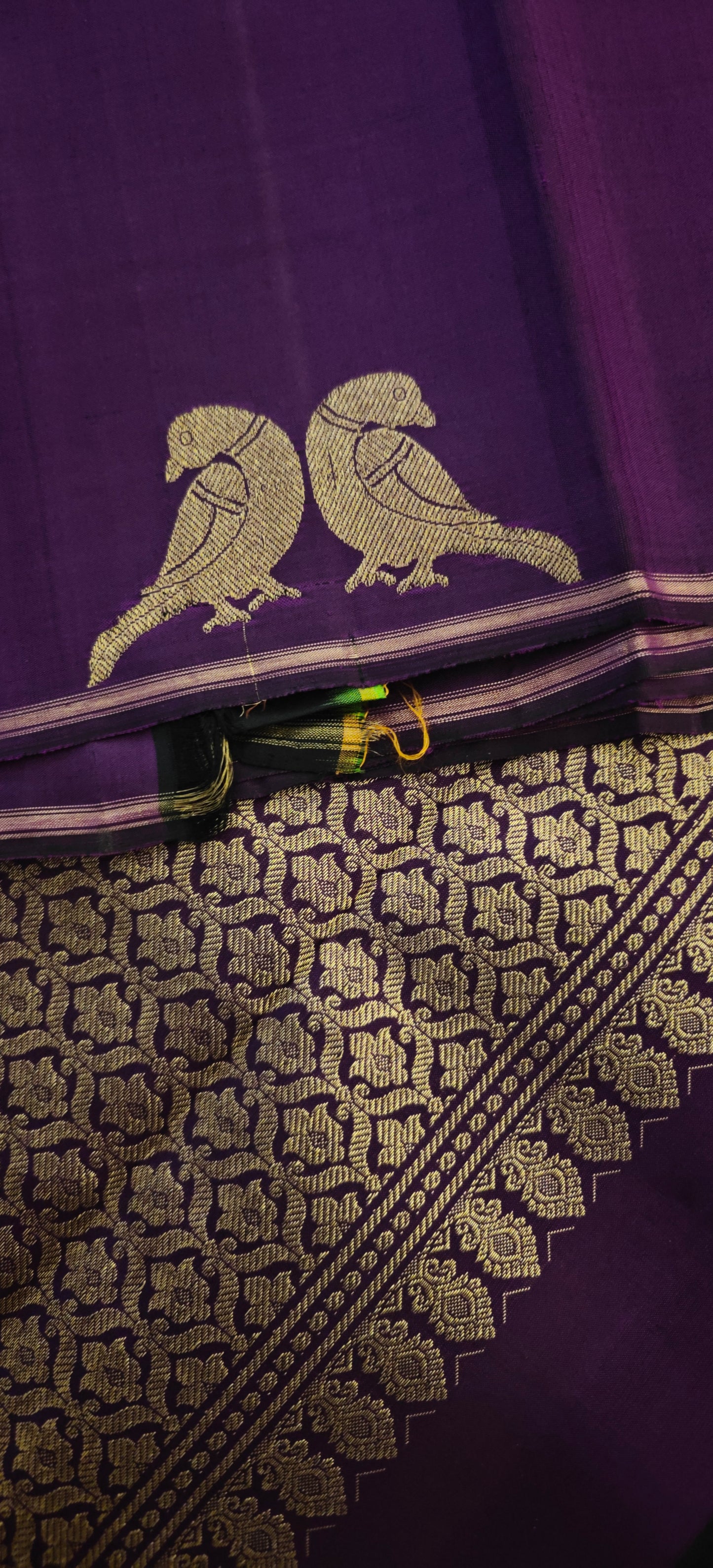 Deep purple Kanjivaram silk saree with parrot motifs