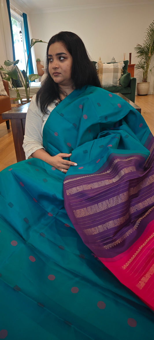 Copper sulphate blue double pallu kanjivaram silk saree