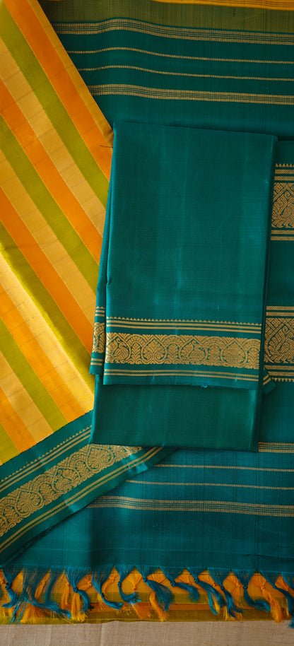 Yellow and Teal Blue Kanjivaram silk saree