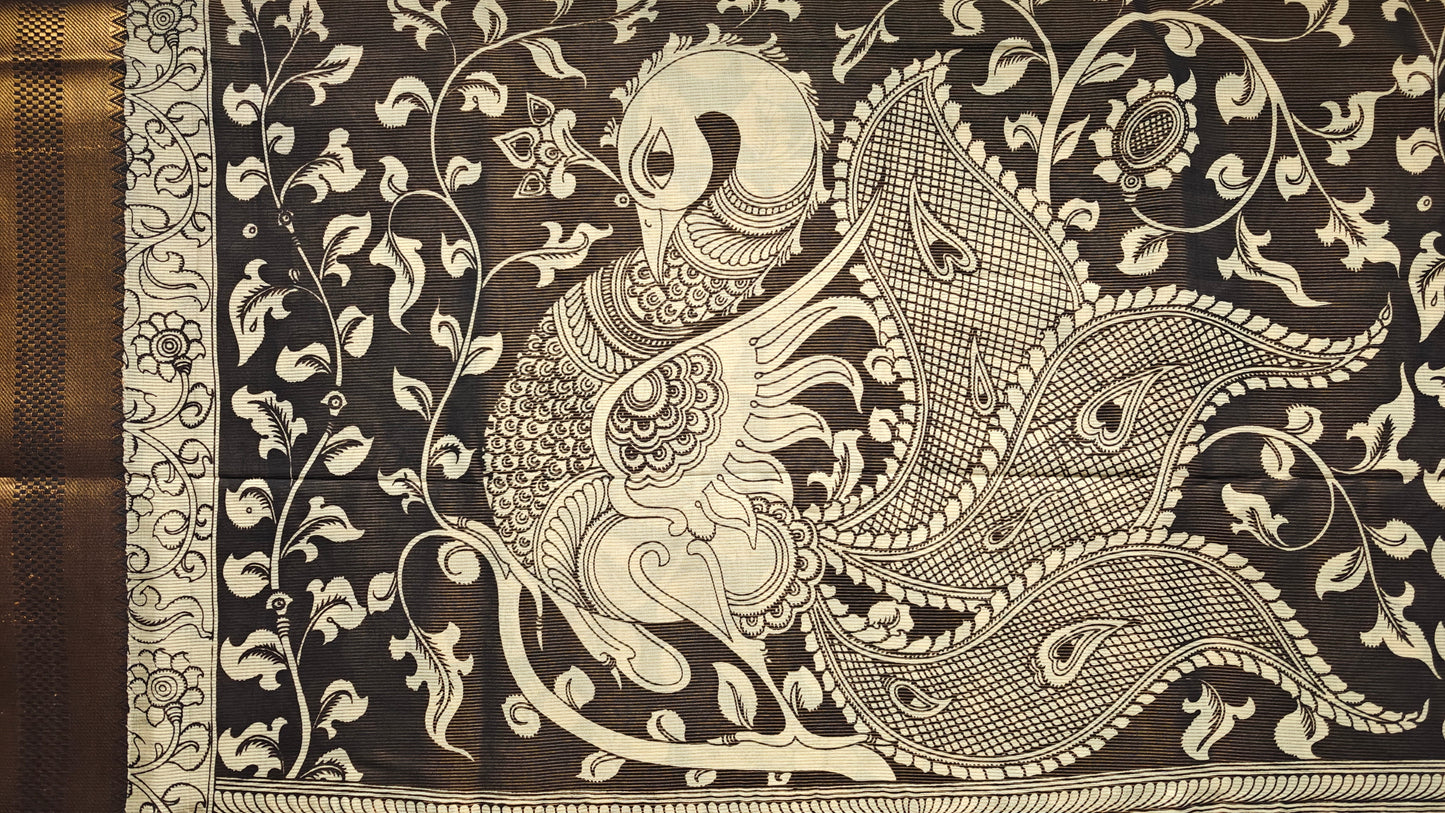 Pen Kalamkari Silk Sari- Women Farming