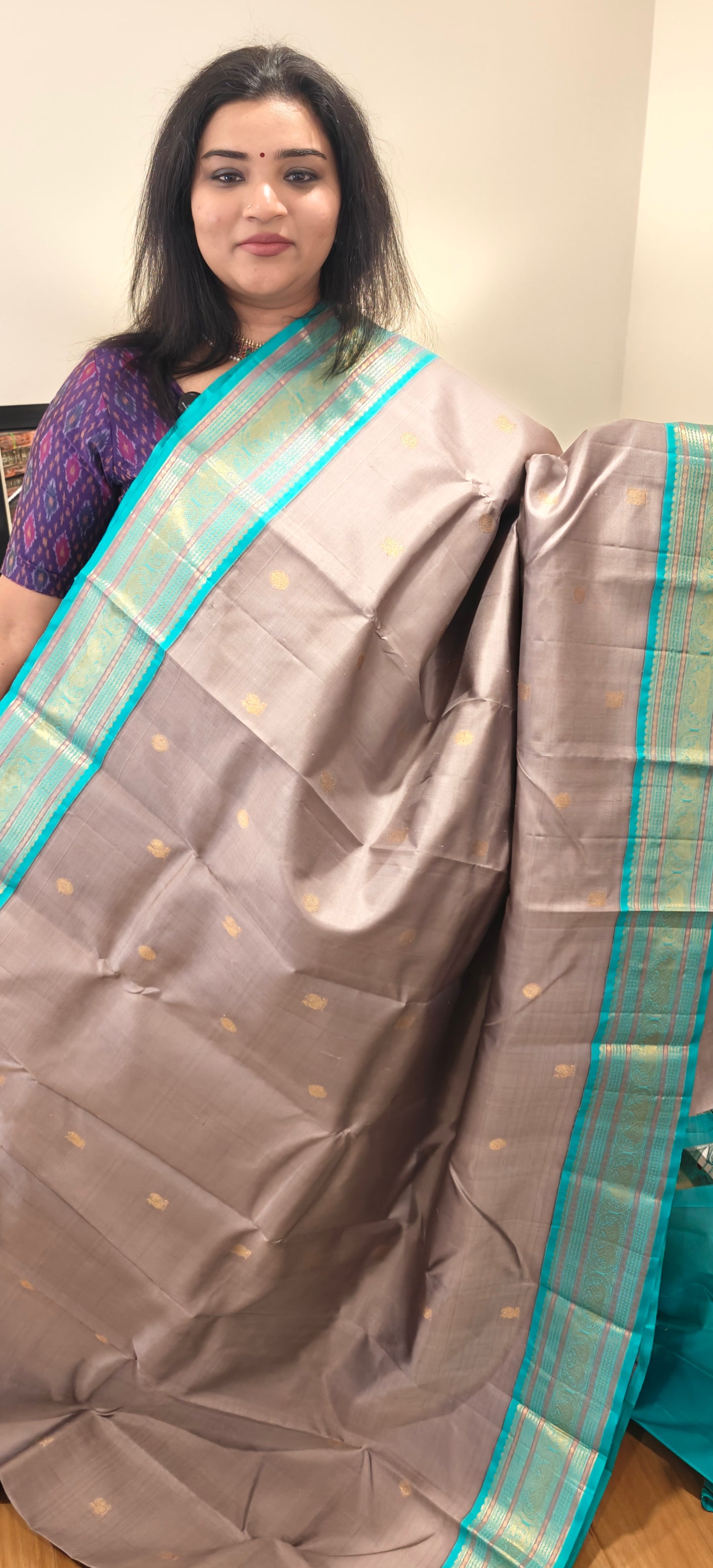 Grey and Turquoise Kanjivaram Silk Sari