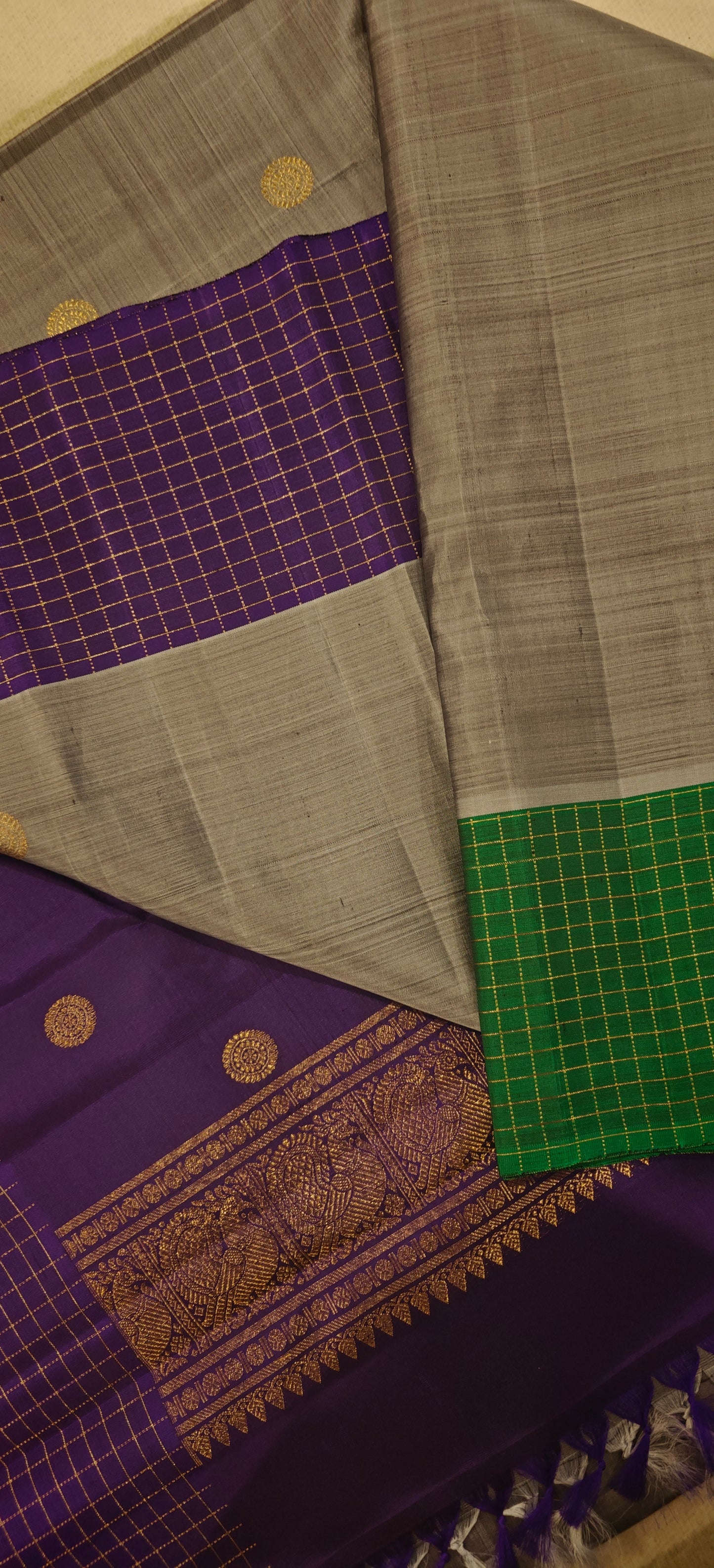 Grey body with green and violet Ganga Jamuna -Kanjivaram Silk Saree