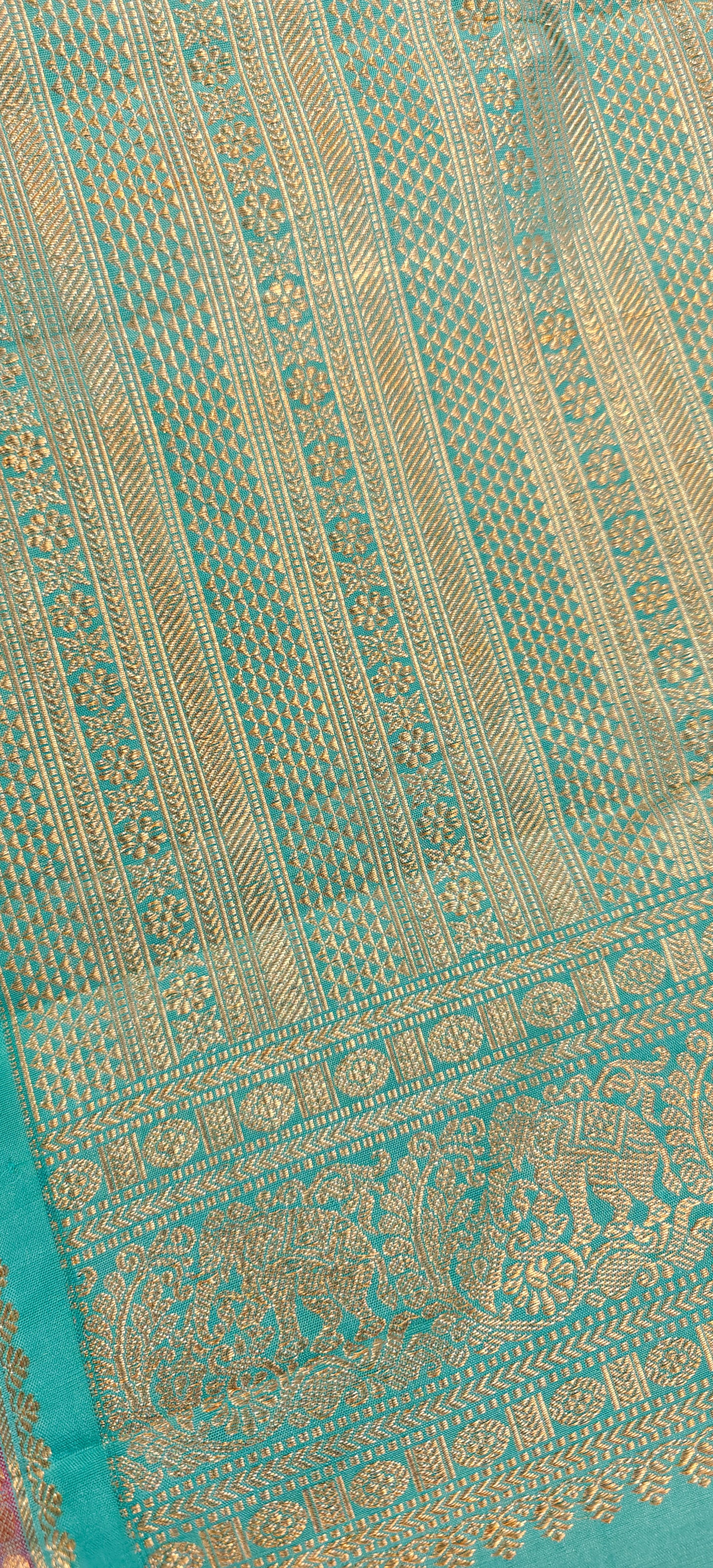 Grey and Turquoise Kanjivaram Silk Sari