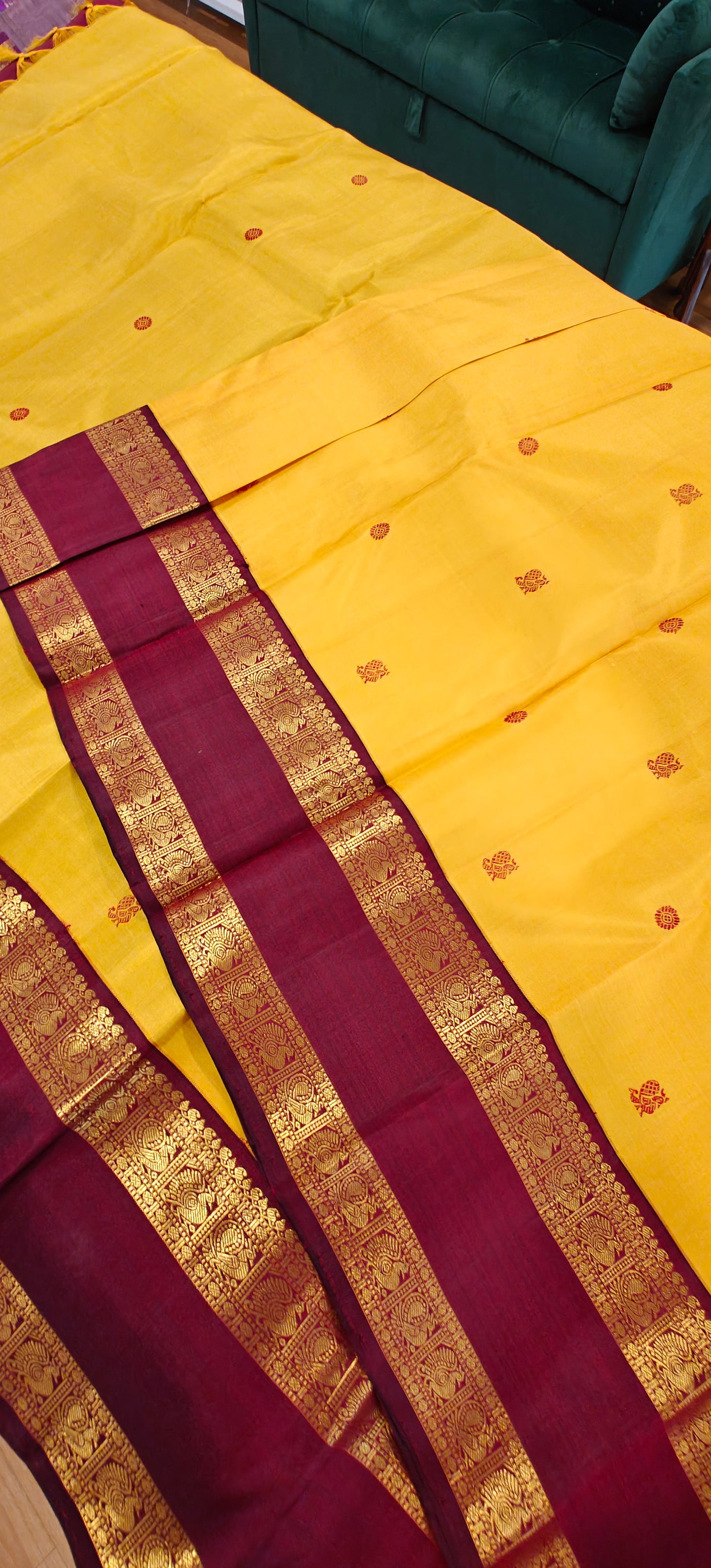 Mustard and Deep Maroon -Kanjivaram Silk Sari