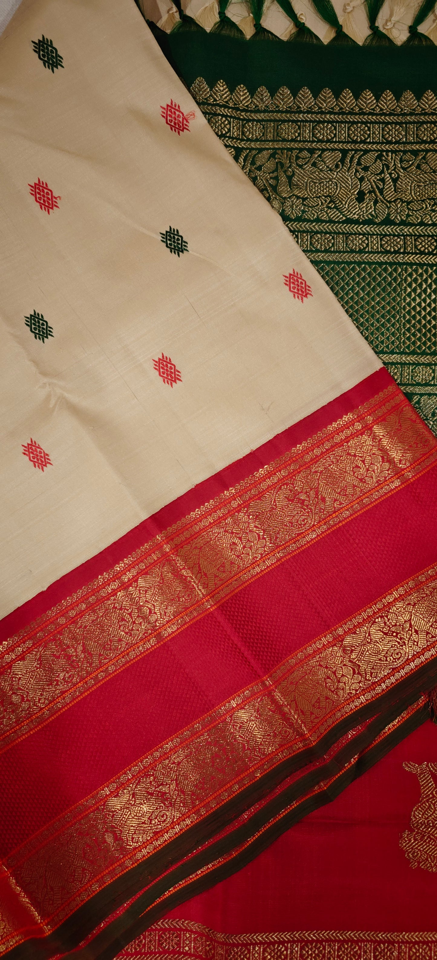 Cream with green and red kanjivaram silk saree