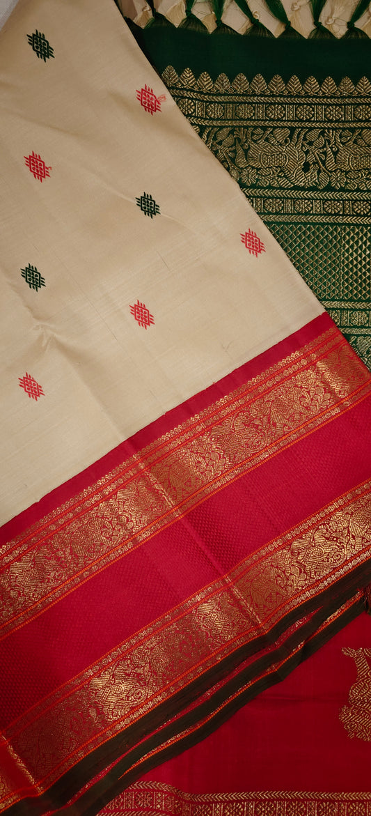 Cream with green and red kanjivaram silk saree