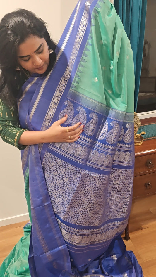 Apple Green and Lavender Blue Gadwal Silk Saree