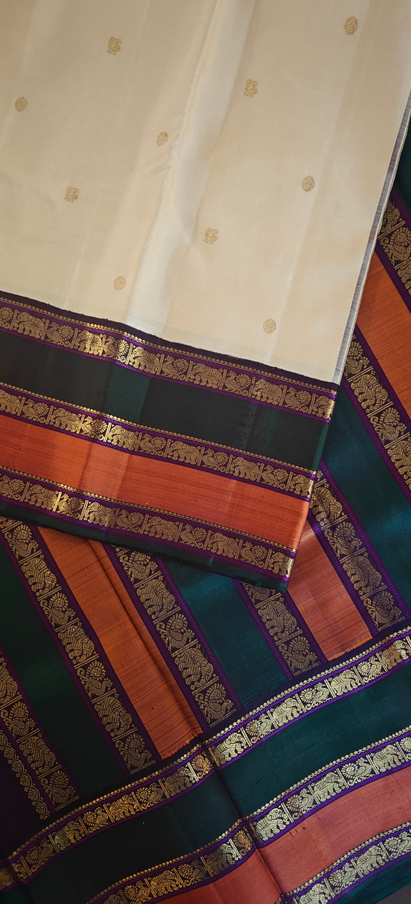 Sandal Color with green and rust Korvai kanjivaram