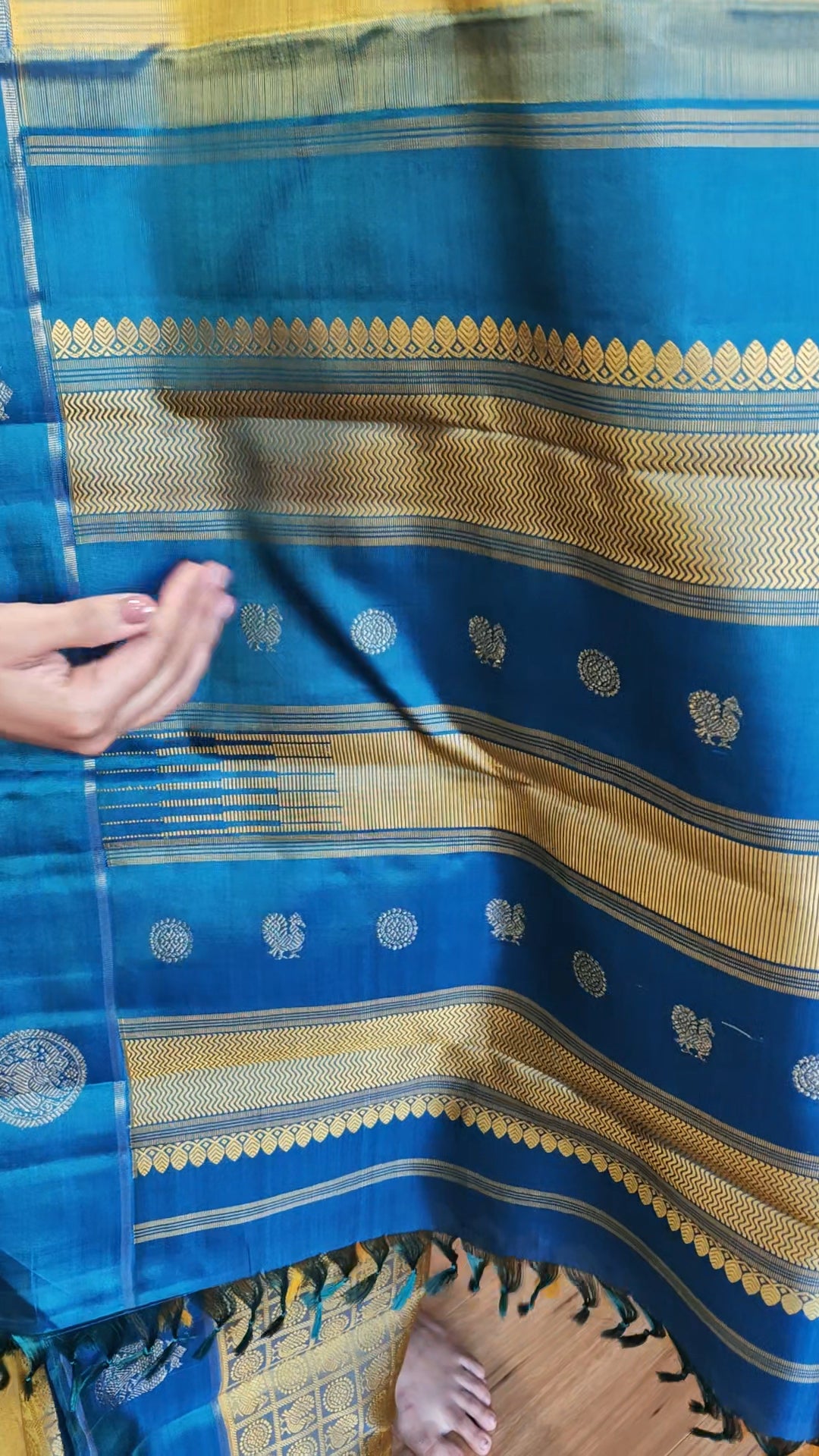 Golden Thread with Cobalt Blue Handwoven Kanjivaram Silk Sari