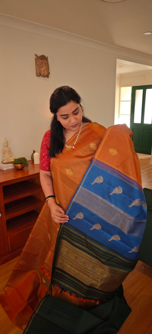 Rust orange double pallu kanjivaram silk saree