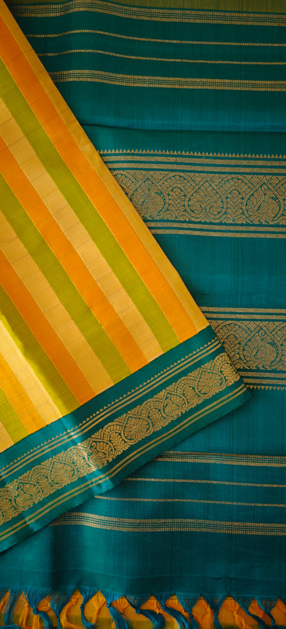 Yellow and Teal Blue Kanjivaram silk saree
