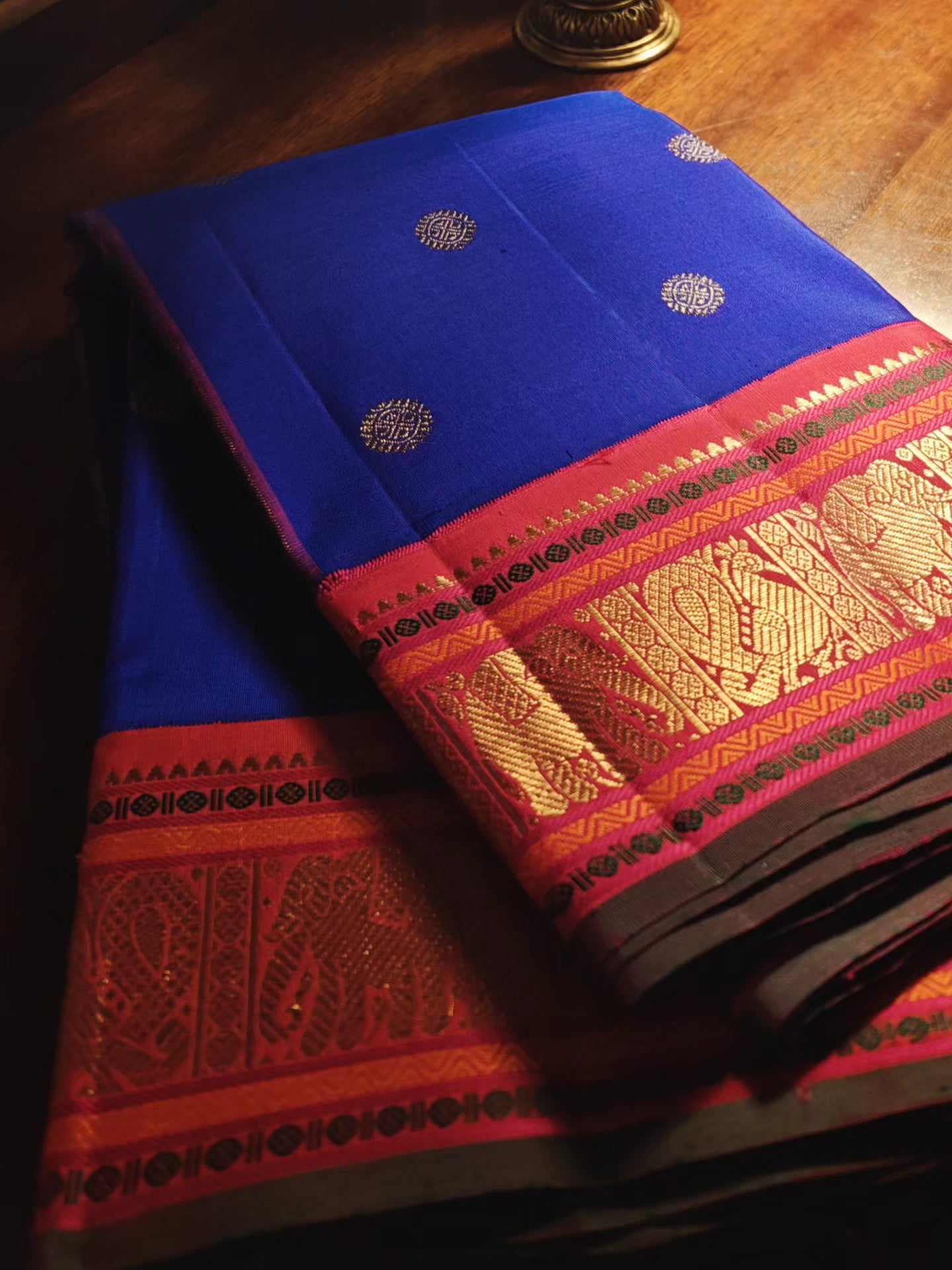 Blue kanjivaram with pink and red double pallu