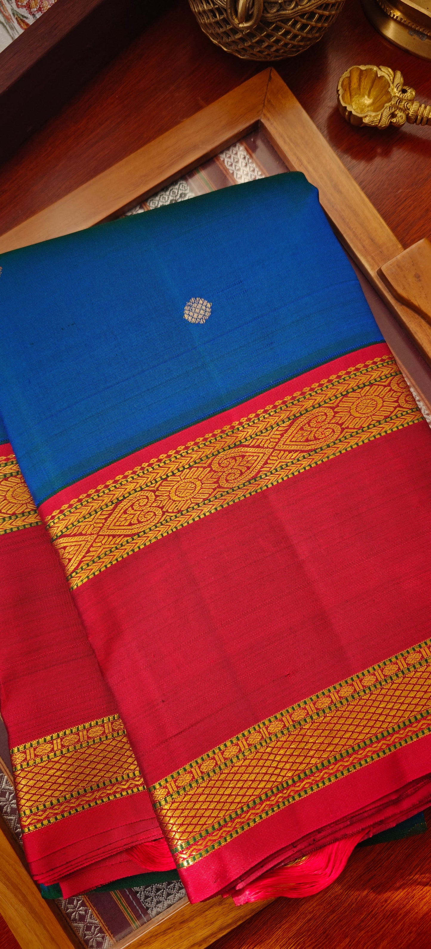 Peacock blue and maroon kanjivaram silk saree