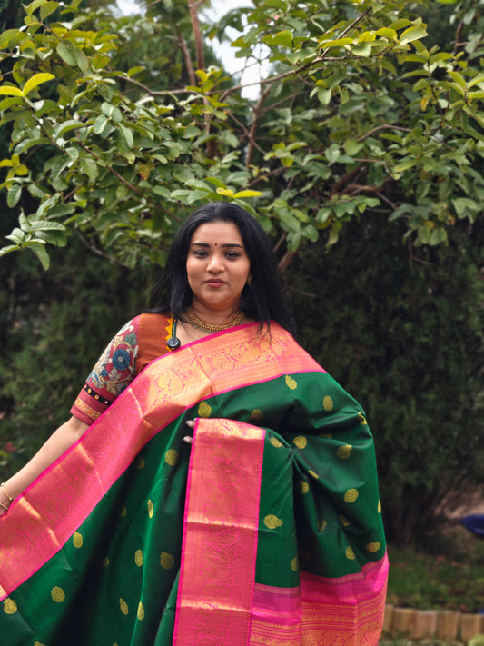 Emerald Green and Rose Pink korvai -Kanjivaram Silk Saree