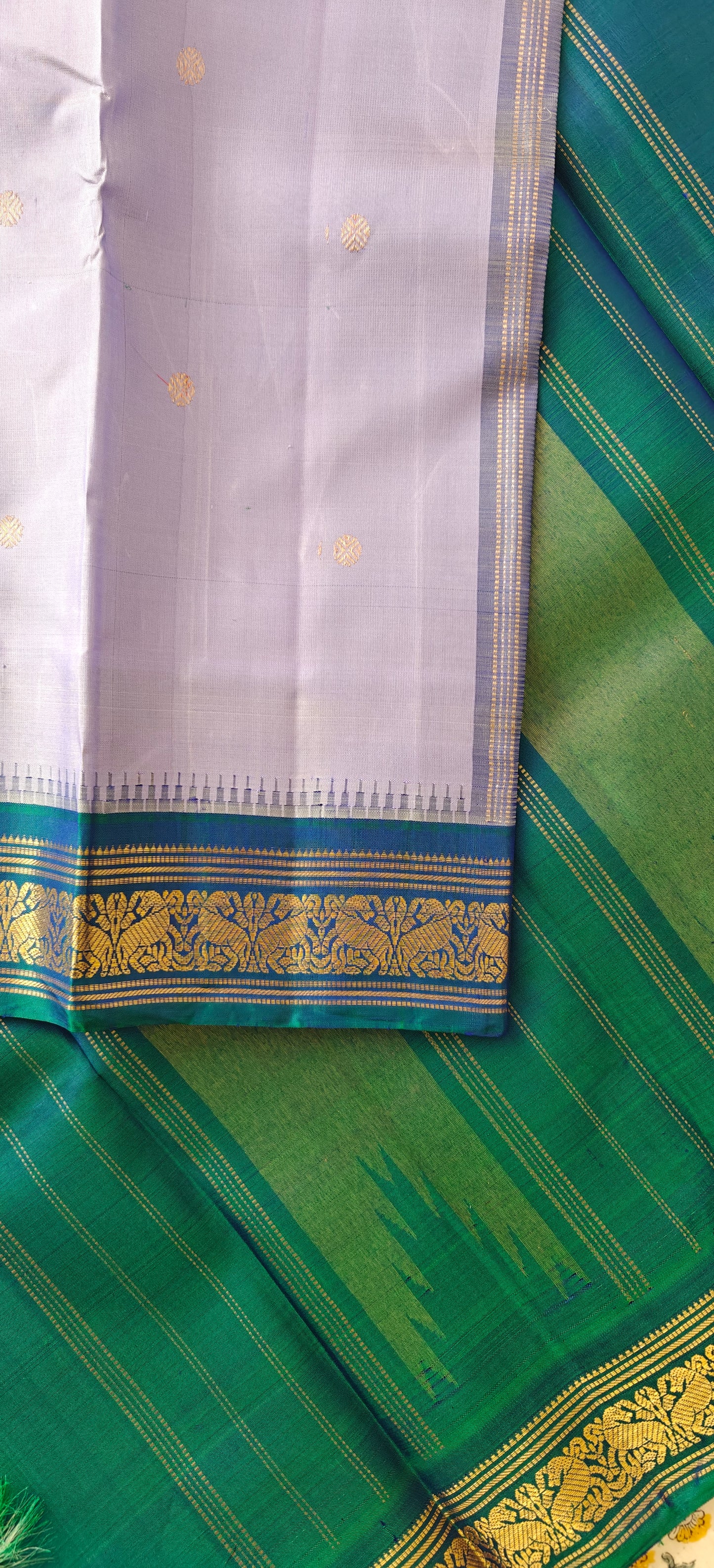 Lavender and peacock blue kanjivaram silk saree