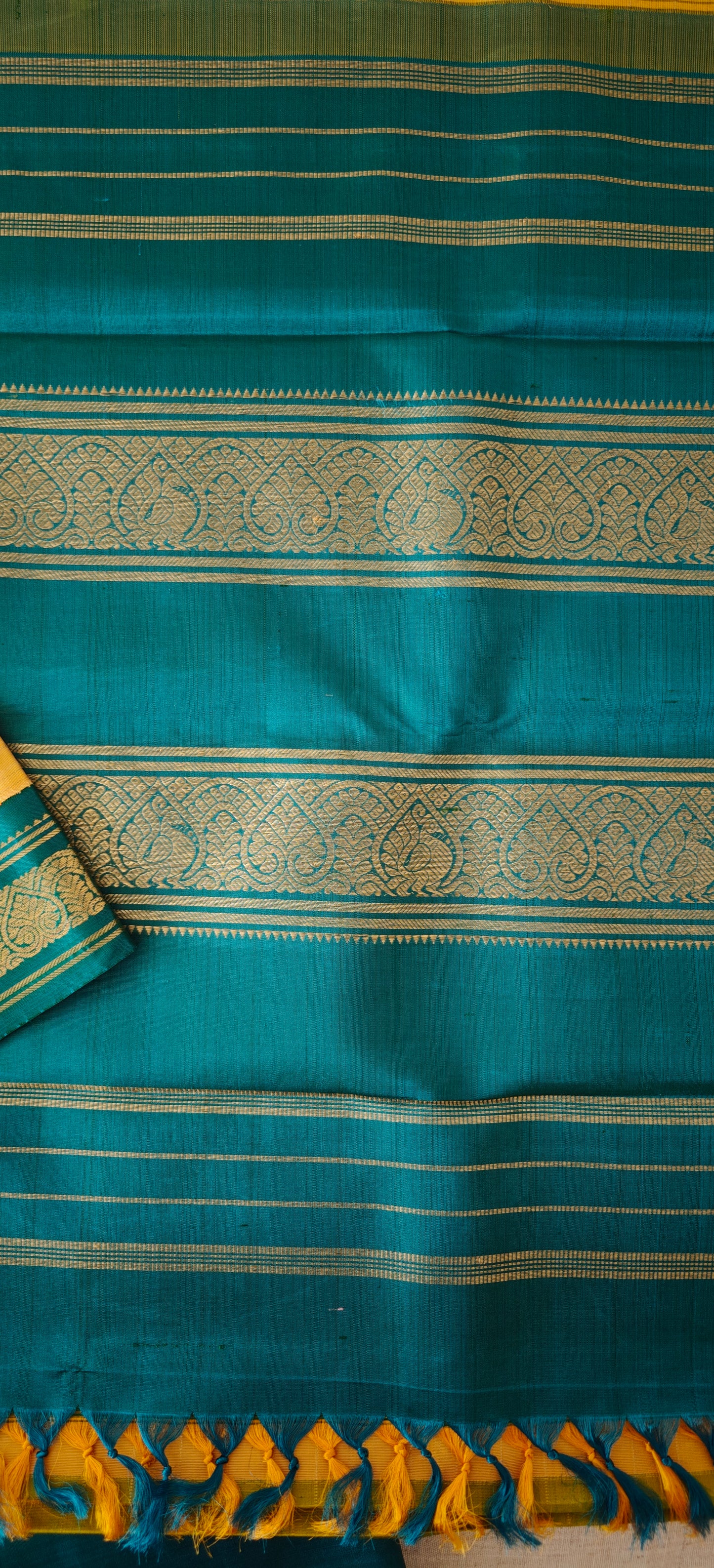 Yellow and Teal Blue Kanjivaram silk saree