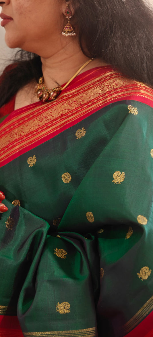 Peacock green with Kumkum red kanjivaram silk saree