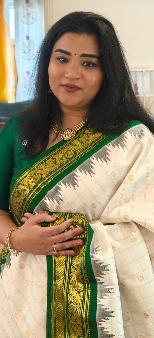 White and Green Handwoven Gadwal Silk Sari