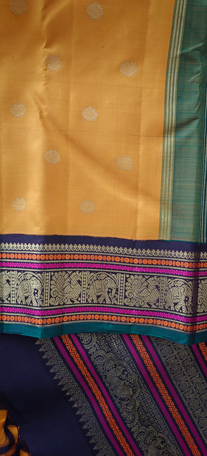 Mustard ,Green and Brown double  pallu Kanjivaram silk saree
