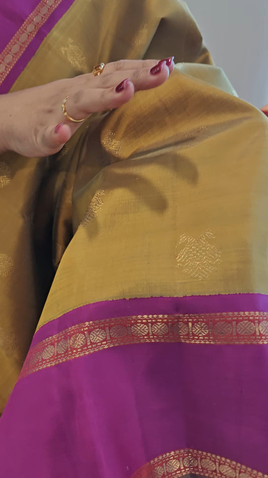 Olive Green and Purple Handwoven Kanjivaram Silk Sari