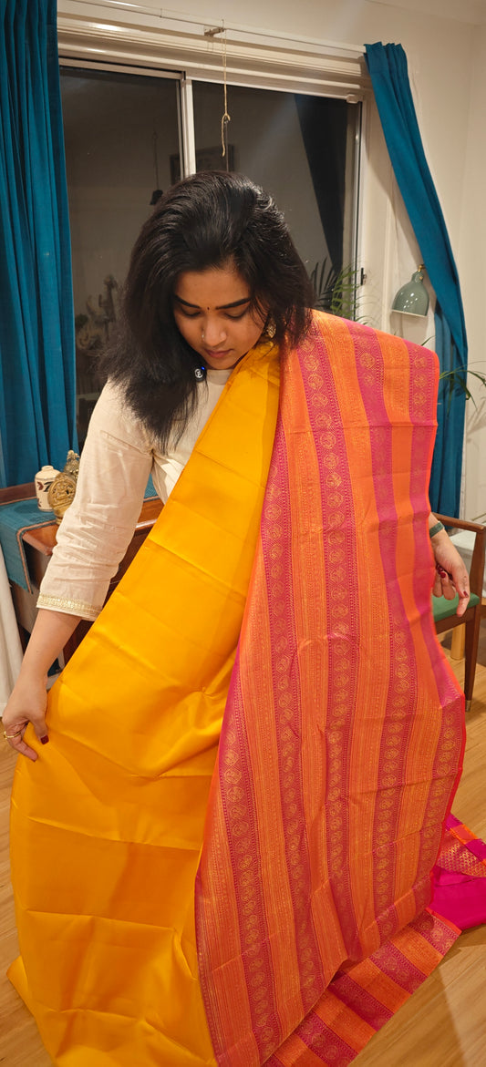 Yellow and Pink Half and Half kanjivaram silk saree