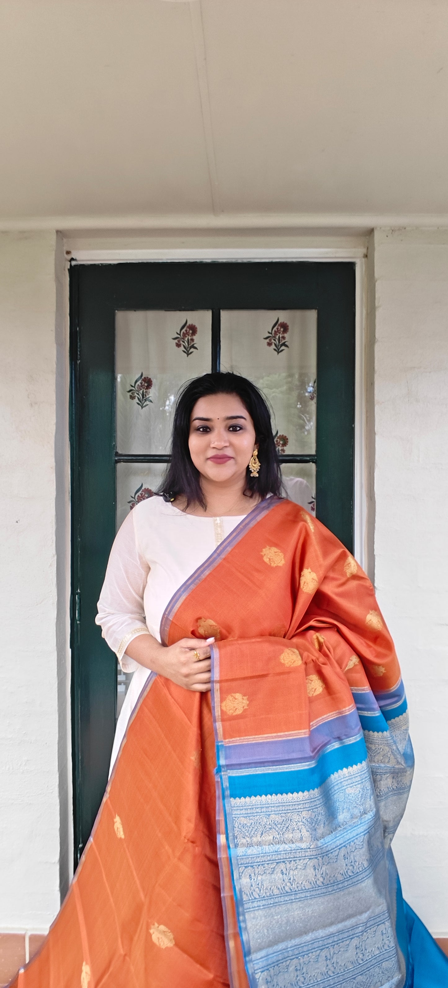 Burnt Orange  with Cobalt  Blue-Kanjivaram Silk Saree
