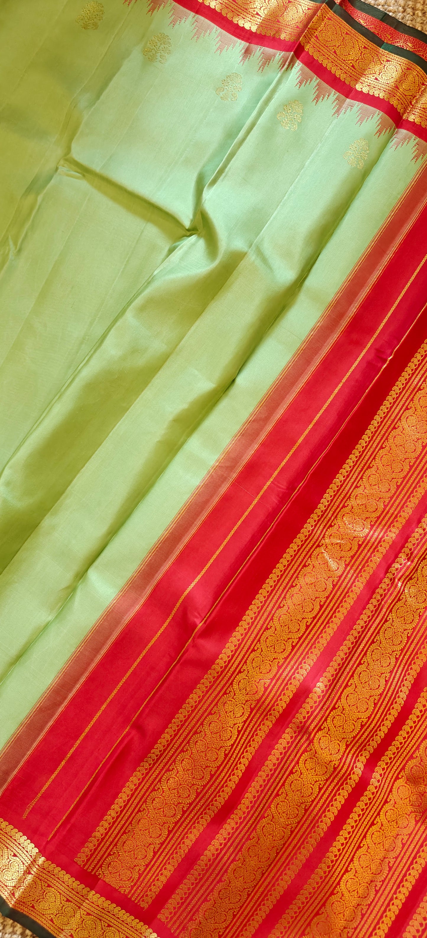 Pista Green and Red Handwoven Gadwal Silk Sari