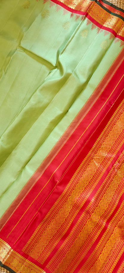 Pista Green and Red Handwoven Gadwal Silk Sari