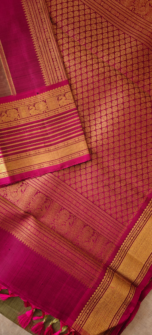 Elaichi Green and Magenta  Kanjivaram Saree | 3-gram Zari