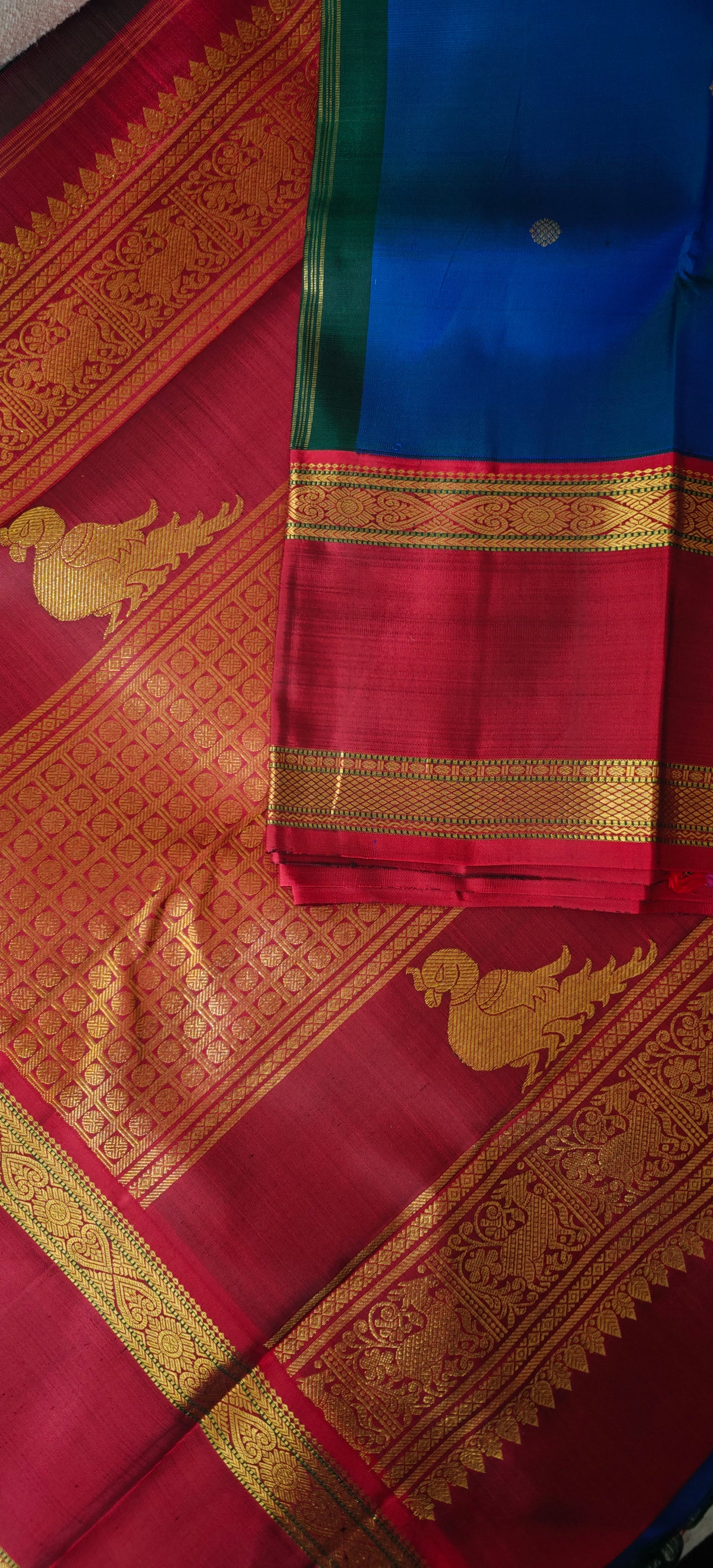Peacock blue and maroon kanjivaram silk saree