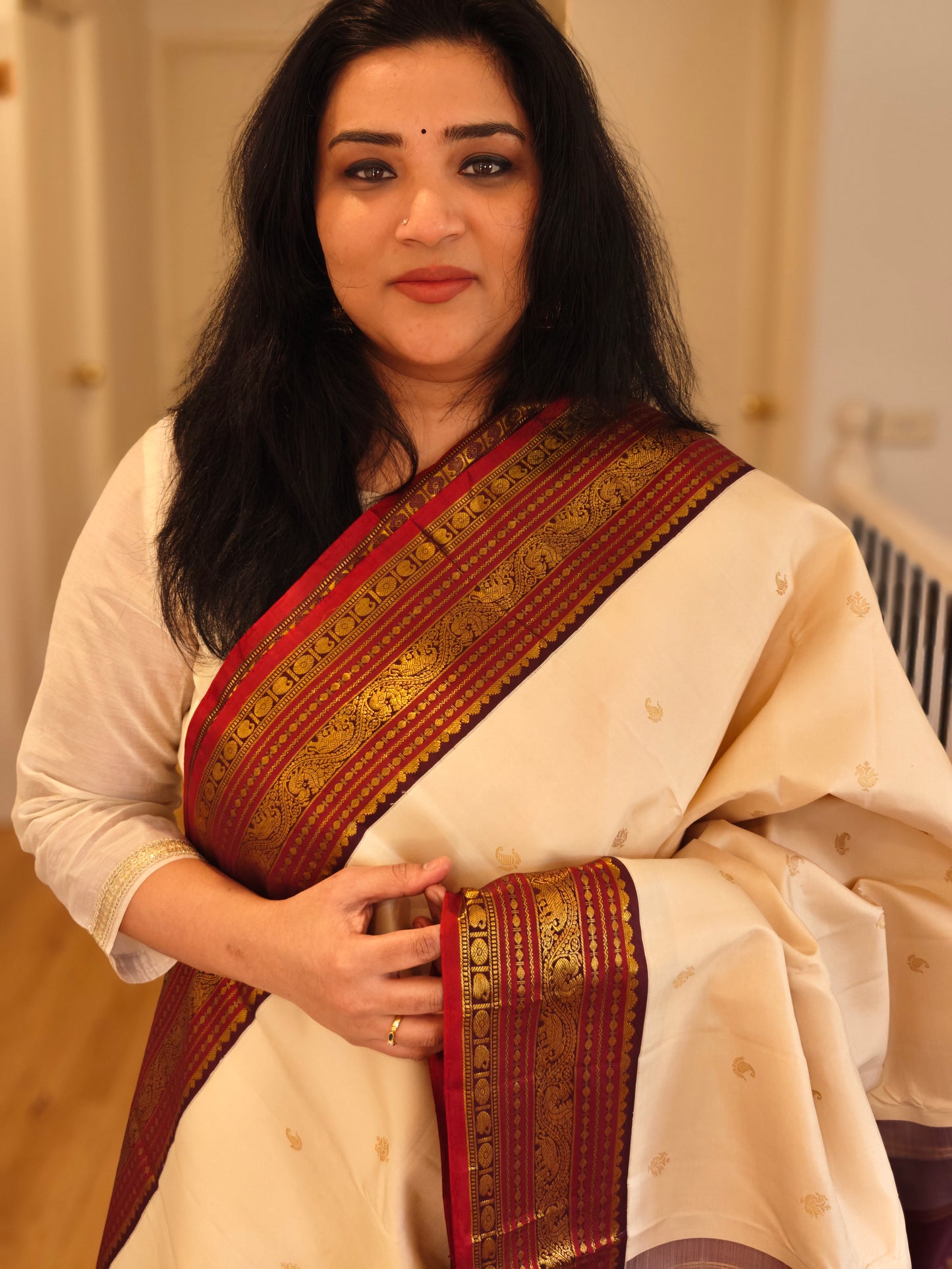 Cream and Brown korvai -Kanjivaram Silk Saree