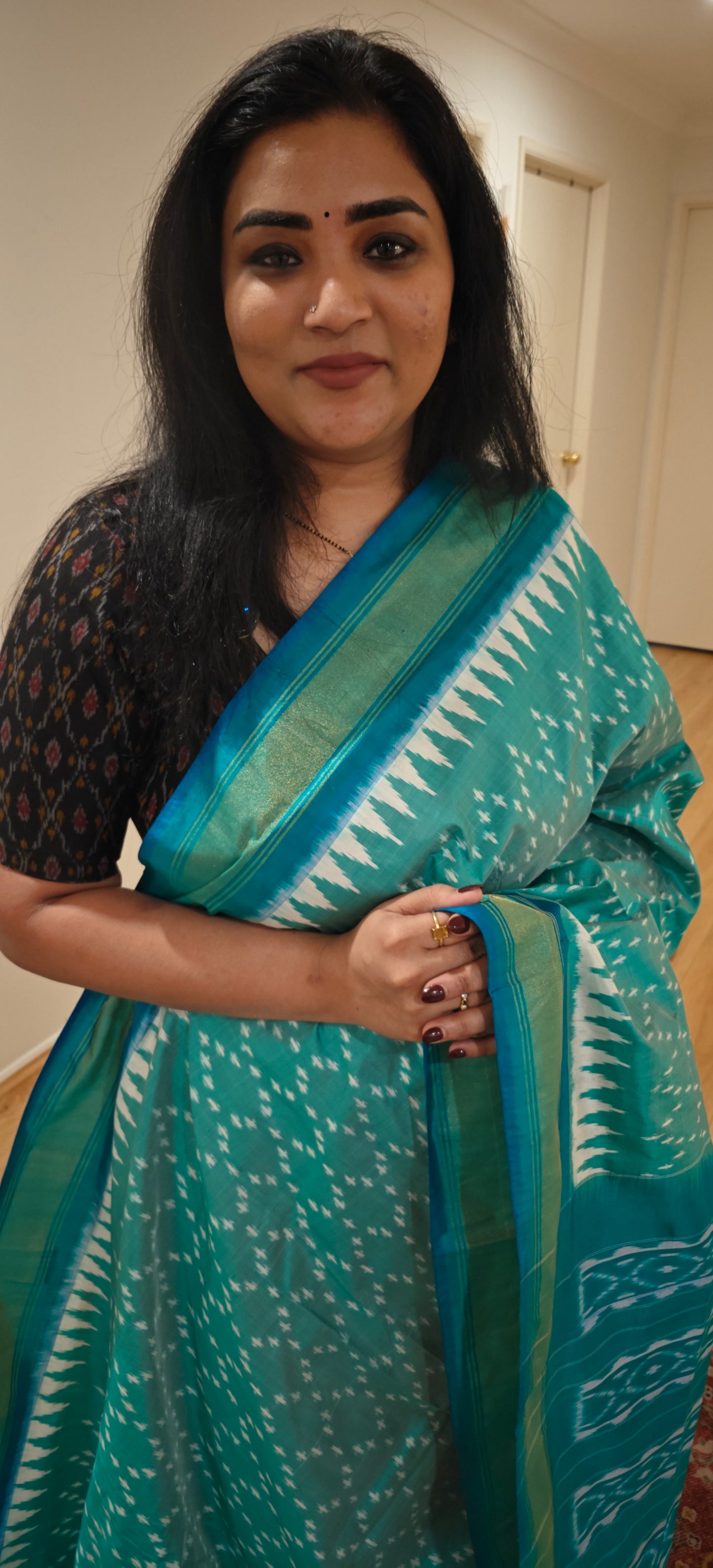 Ice Blue Ikkat Silk Sari