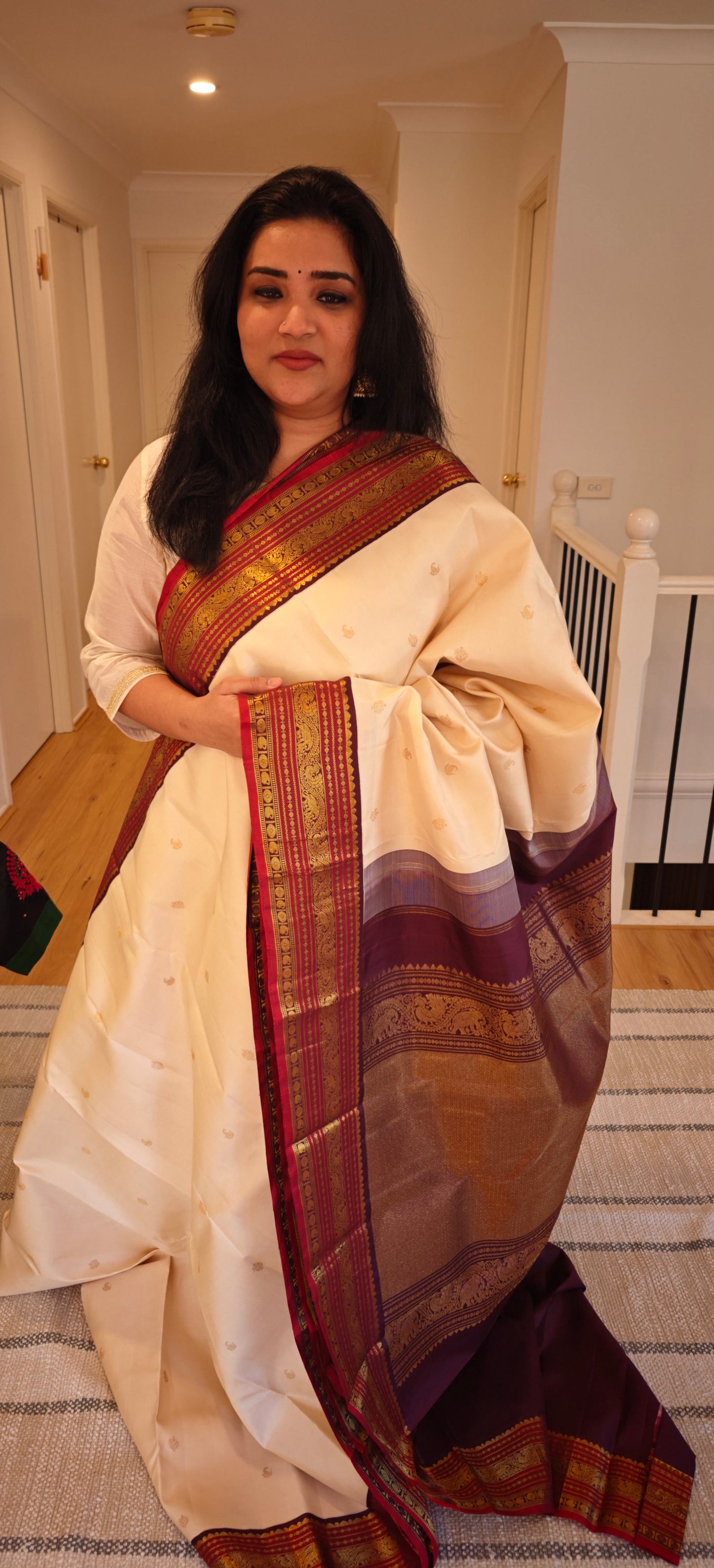 Cream and Brown korvai -Kanjivaram Silk Saree