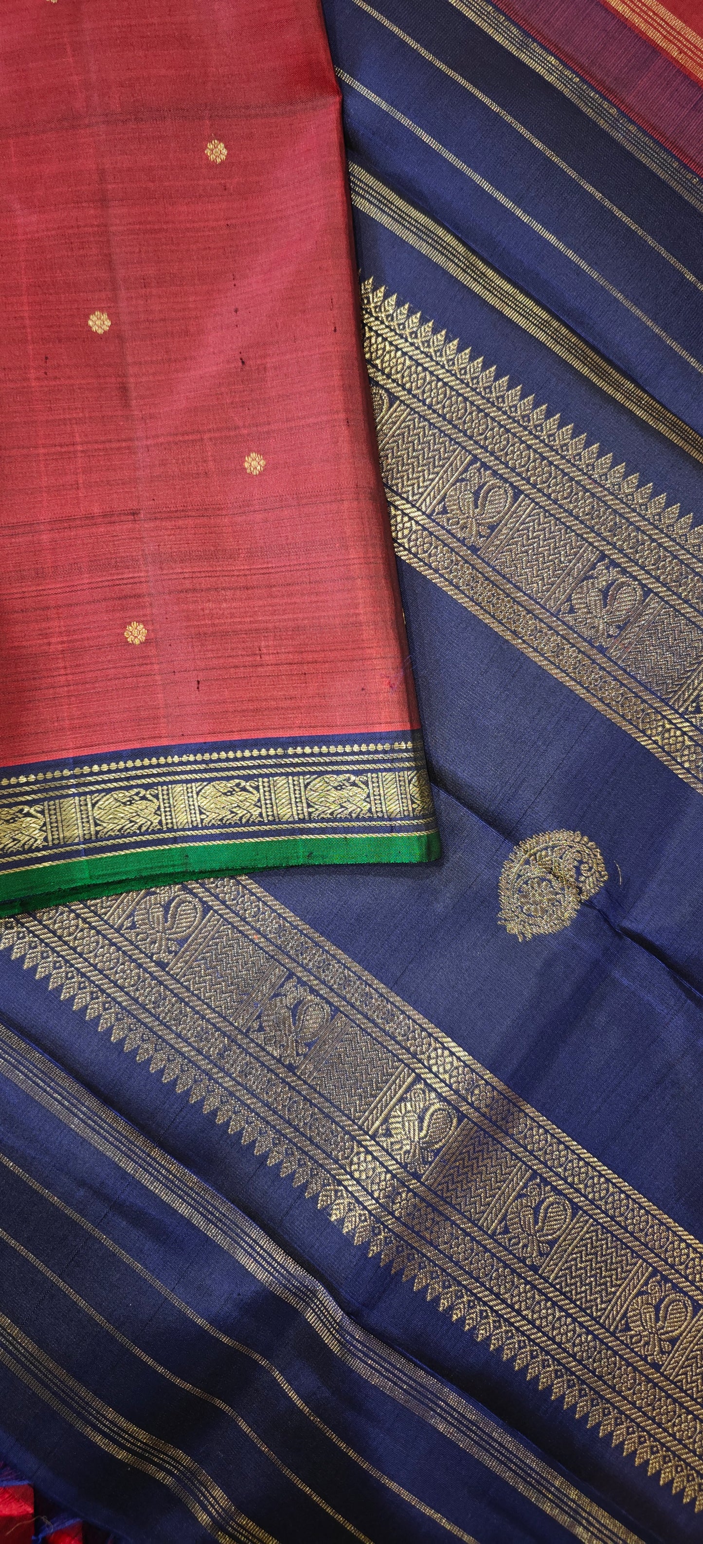 Ruby Maroon and Sapphire Blue Handwoven Kanjivaram Silk Sari