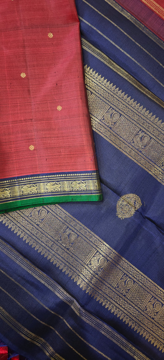 Ruby Maroon and Sapphire Blue Handwoven Kanjivaram Silk Sari