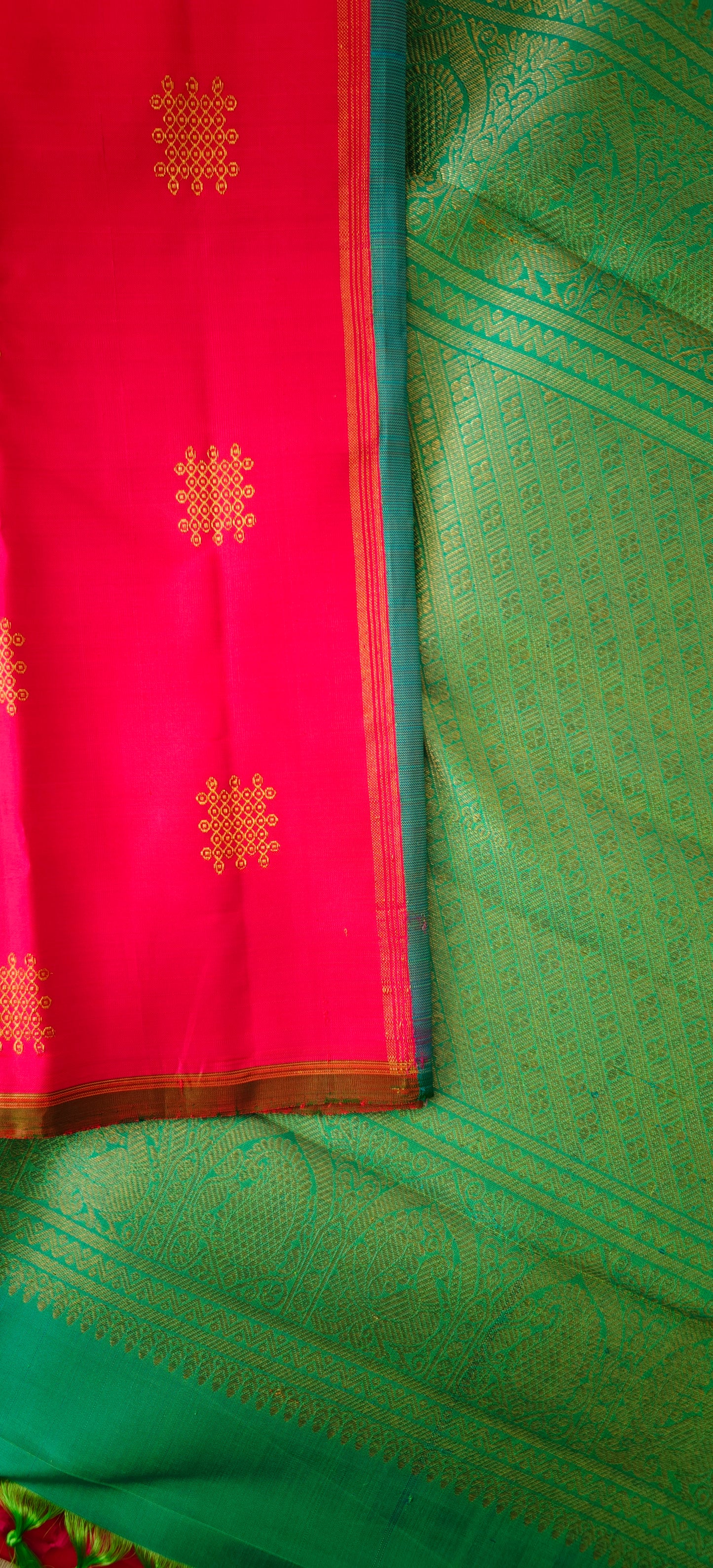 Pink and Blue Borderless Kolam Handwoven Kanjivaram Silk Sari