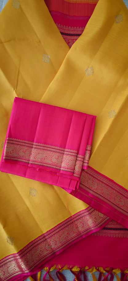 Yellow and Pink Small Border Kanjivaram silk saree