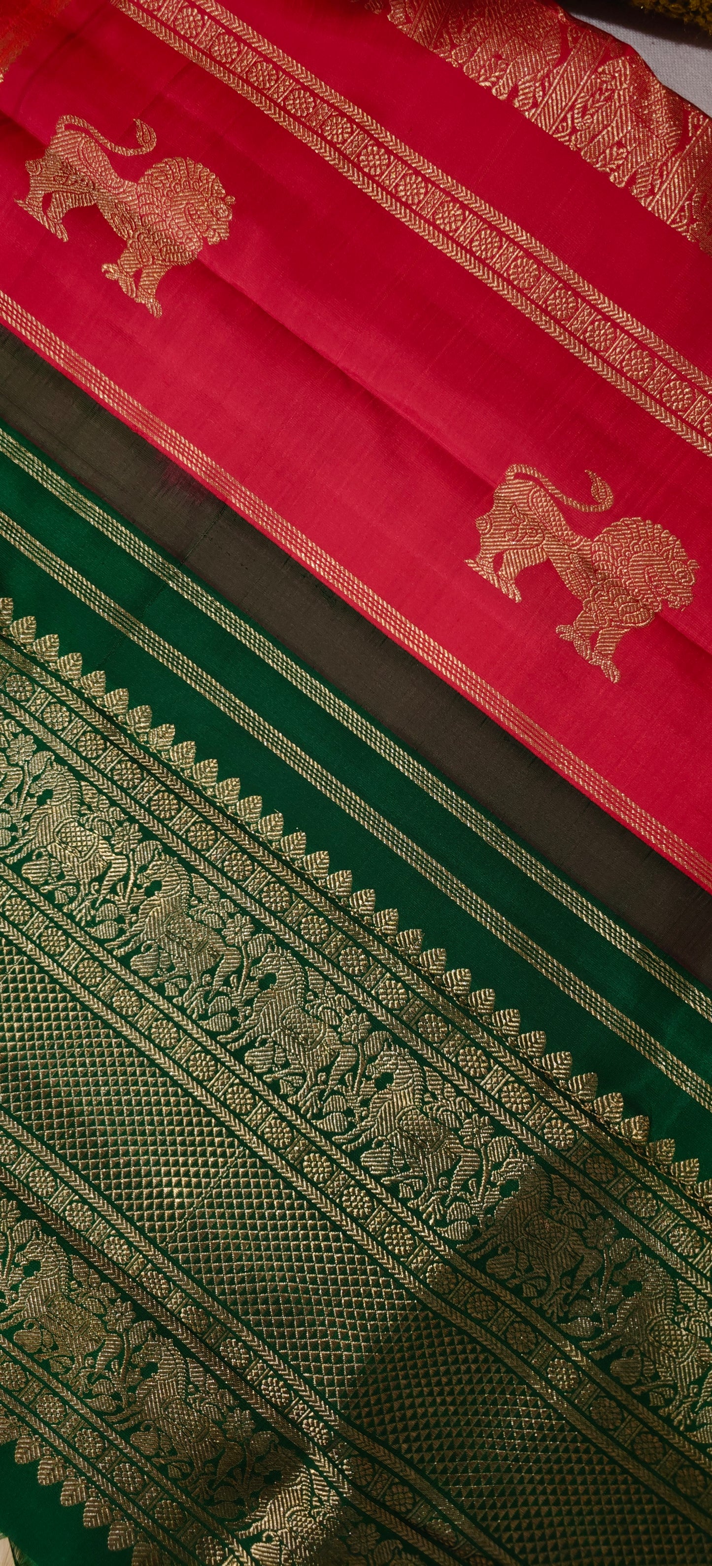 Cream with green and red kanjivaram silk saree