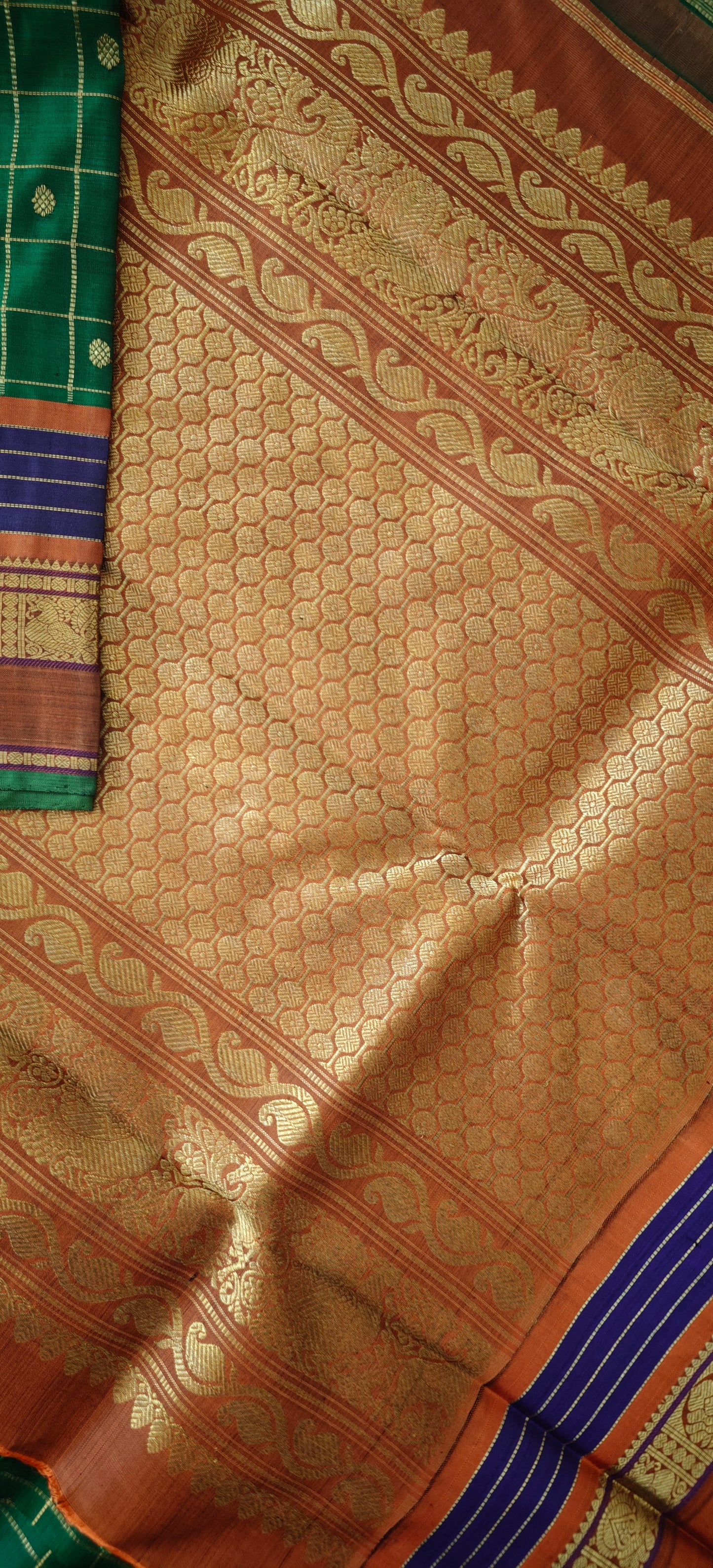 Green and Rust  Kanjivaram Saree | 3-gram Zari