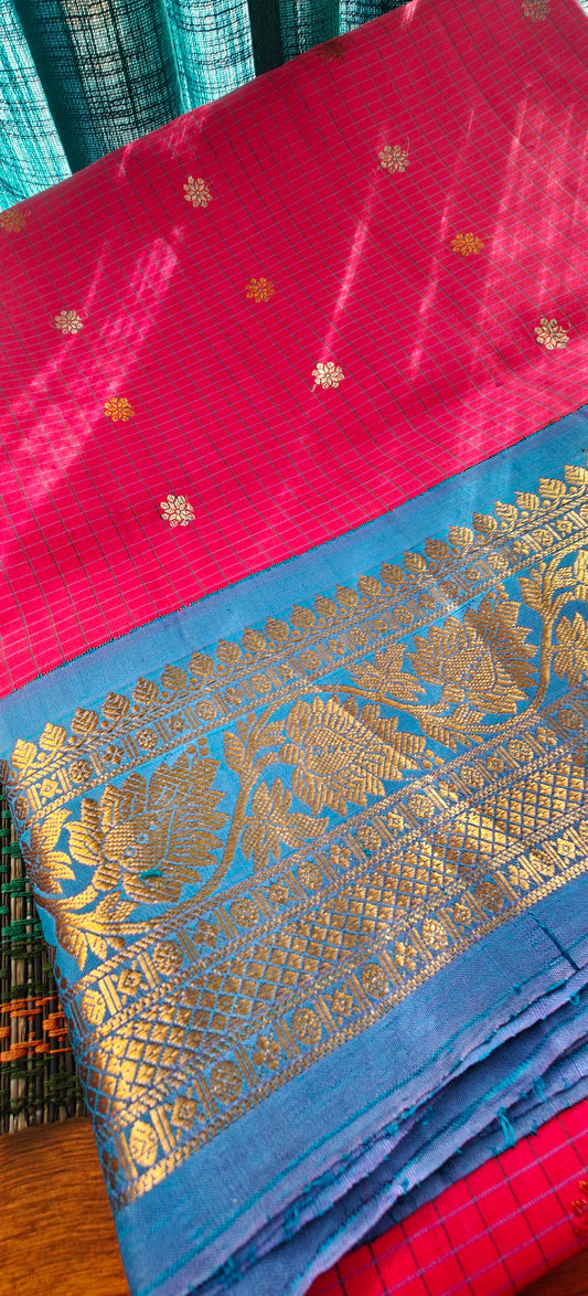 Tomato Reddish pink and Blue Gadwal Silk Sari