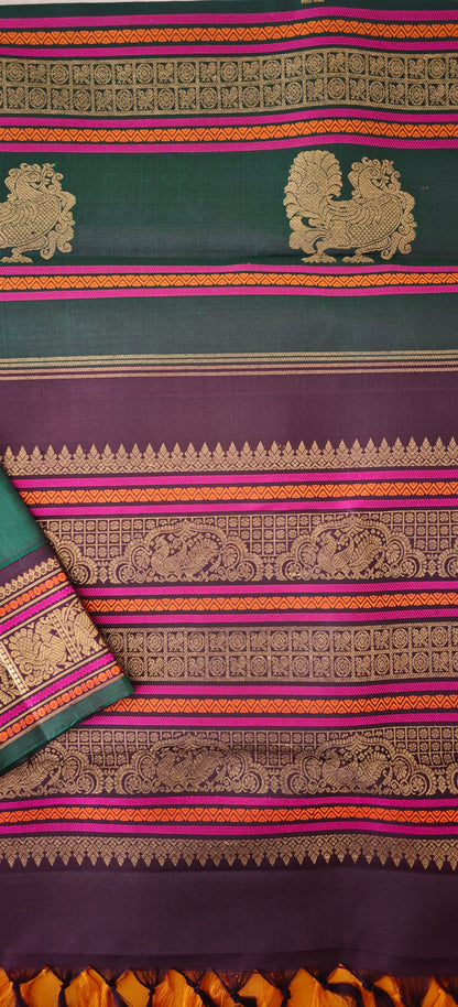 Mustard ,Green and Brown double  pallu Kanjivaram silk saree