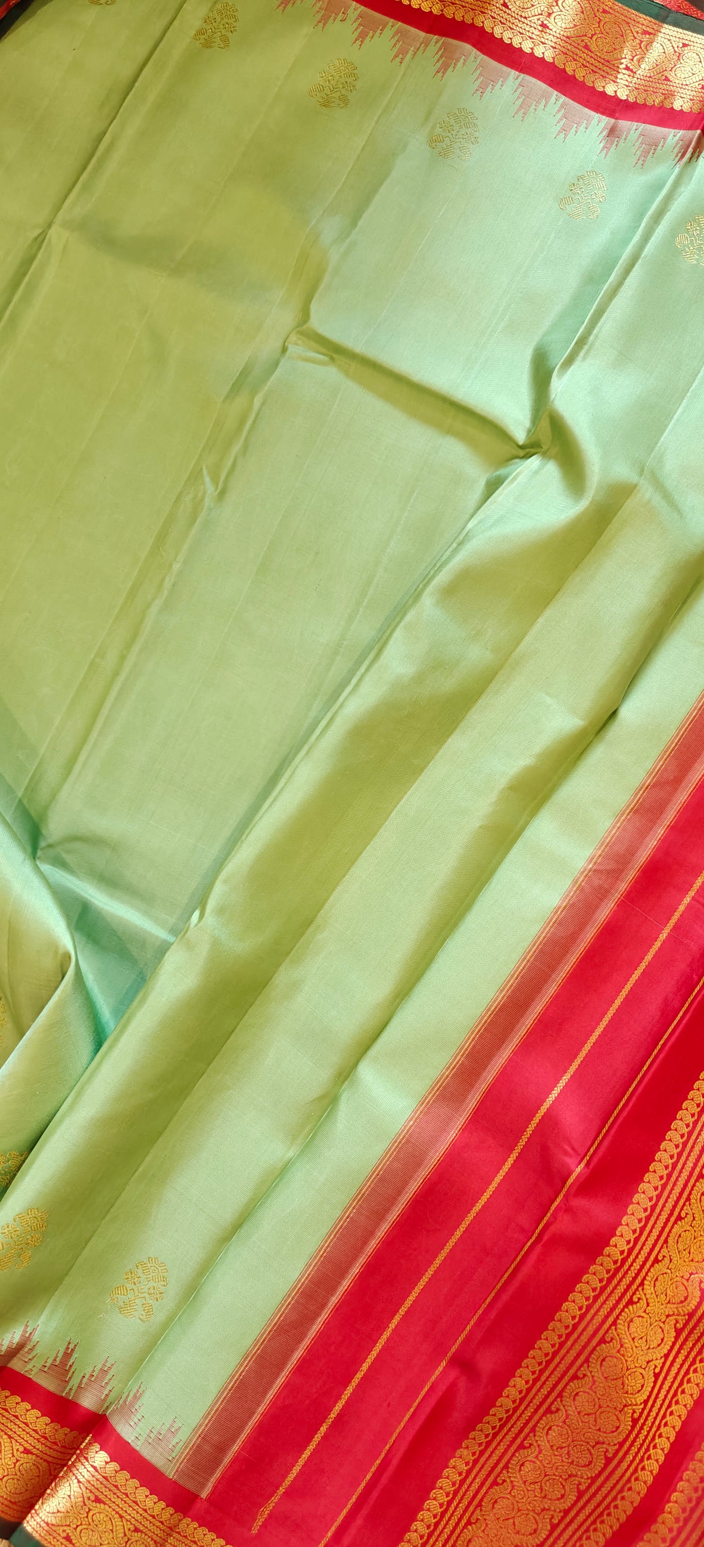 Pista Green and Red Handwoven Gadwal Silk Sari