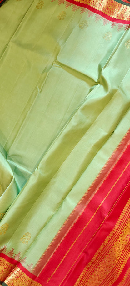 Pista Green and Red Handwoven Gadwal Silk Sari