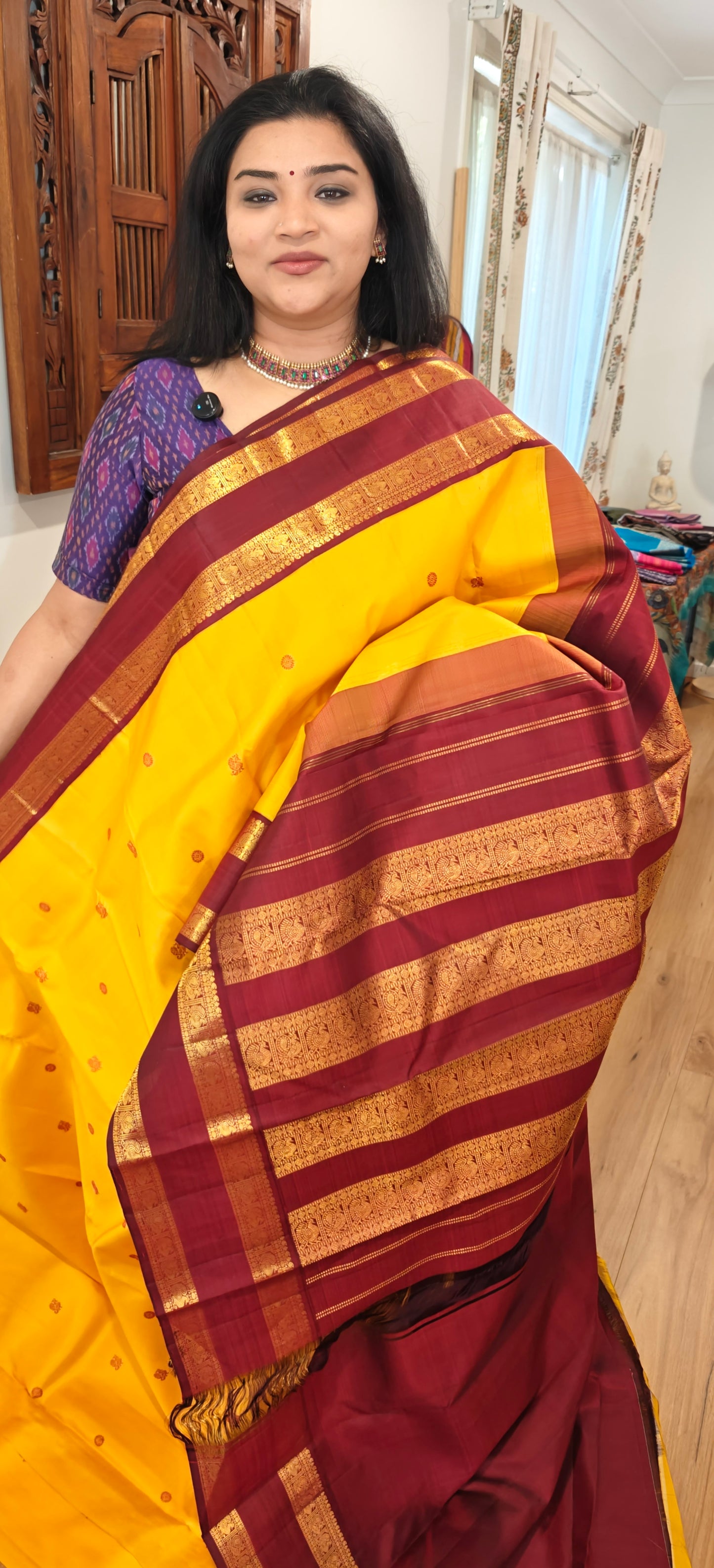 Mustard and Deep Maroon -Kanjivaram Silk Sari