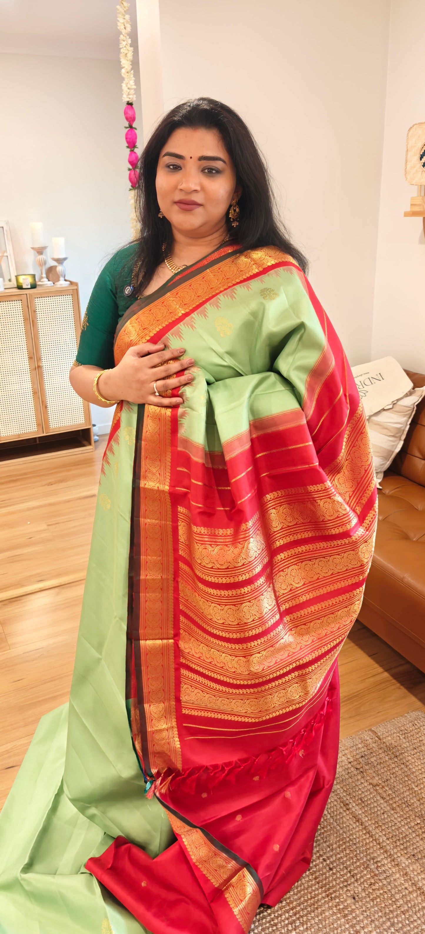 Pista Green and Red Handwoven Gadwal Silk Sari